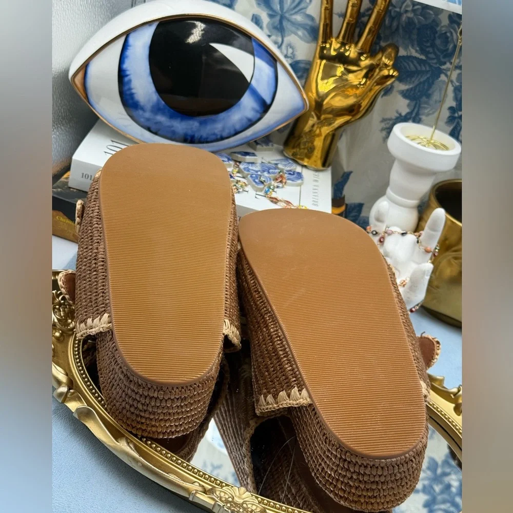 🆕 LOEFFLER RANDALL 🧿 NWOB Theo Embroidered Raffia Platform Sandal, Brown Sz 7